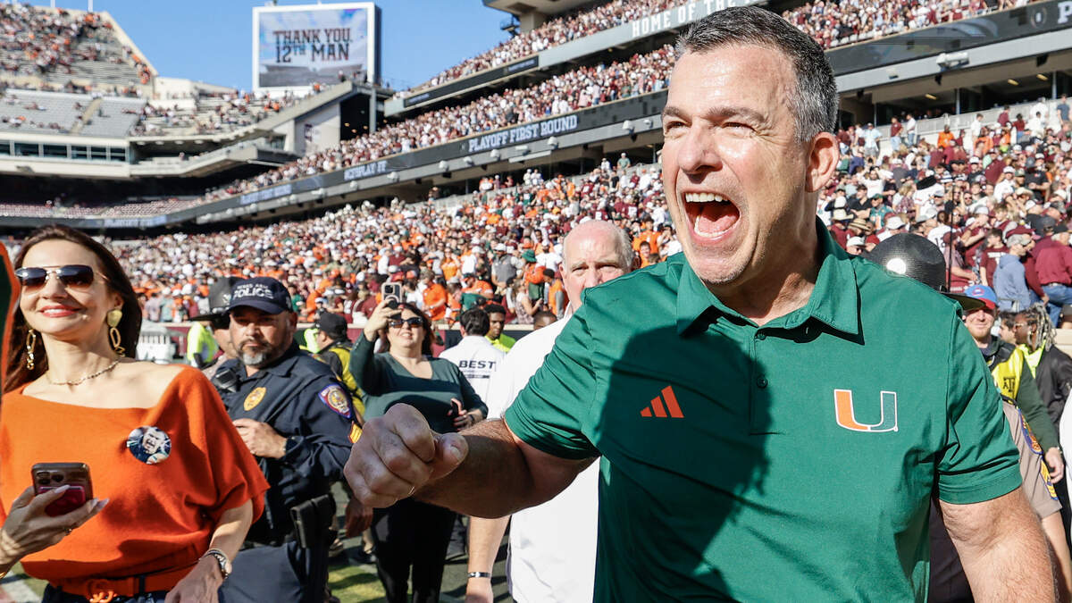 Miami Hurricanes head coach Mario Cristobal celebrates after the Canes defeat the Texas A&M Aggies in the first round of the 2025 College Football Playoff at Kyle Field at College Station, Texas, on Saturday, December 20, 2025. Miami Hurricanes head coach Mario Cristobal celebrates after the Canes defeat the Texas A&M Aggies in the first round of the 2025 College Football Playoff at Kyle Field at College Station, Texas, on Saturday, December 20, 2025.
